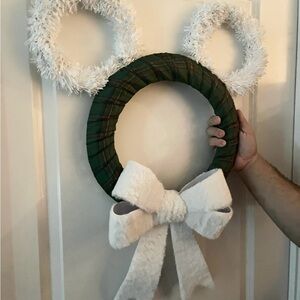 Mickey Mouse Inspired Green Plaid Holiday Wreath with White Faux Fur Bow
